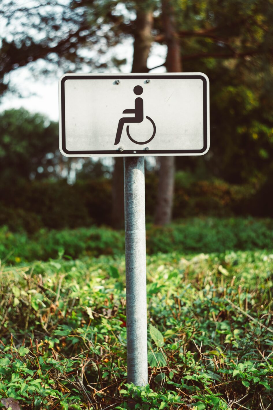 This photo shows a sign placed in the grass likely in a park or field. On the sign is a picture of an individual in a wheelchair.